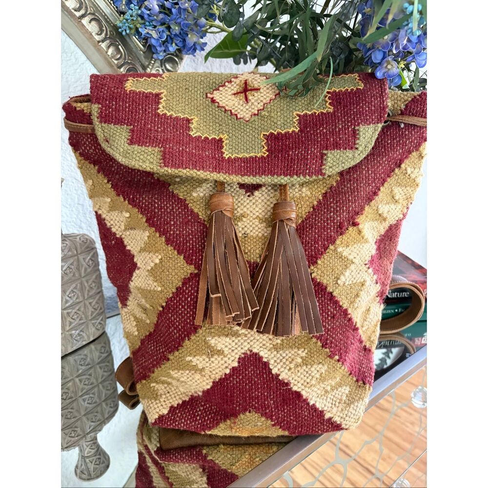 Lovestitch Wine Carpet Backpack Ikat Jute Leather Tassel Boho Festival Bag - Picture 6 of 12